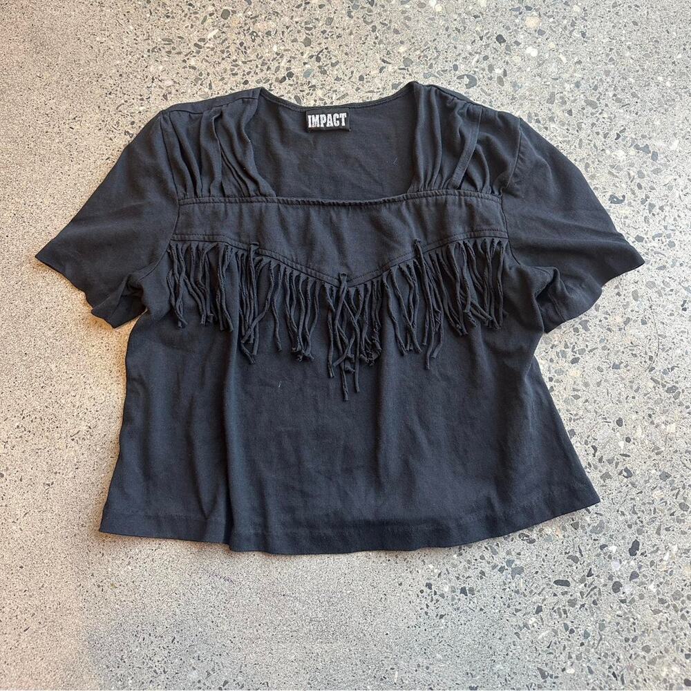 Impact Women’s Small Black Fringe Western Boho Top Short Sleeve Square Neck Tee